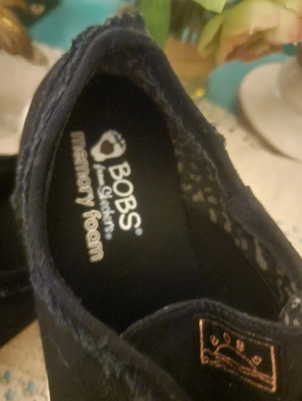 Mens BOBS Skechers Black Slip-On Sneakers with Rose Gold Eyelets